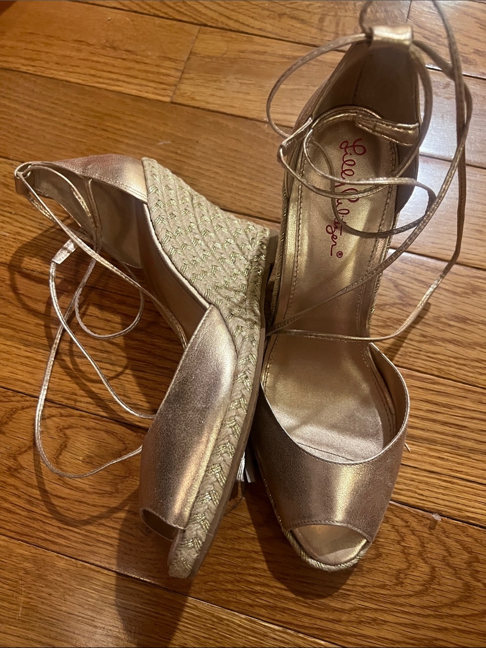 Lilly Pulitzer Metallic Gold Espadrille Wedge Sandals with Ankle Ties